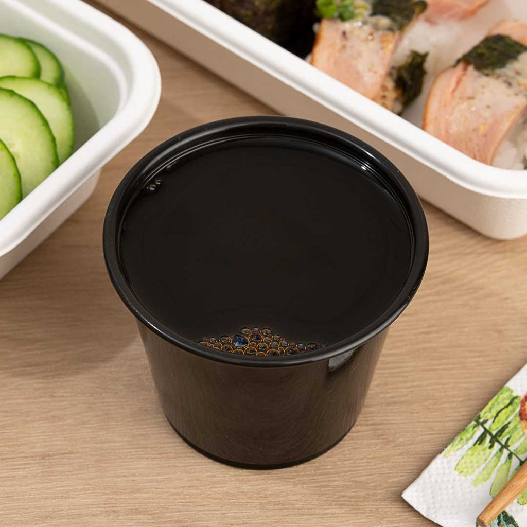 Chef 101 5.5 oz Round Black Plastic Portion Cup - 3" x 3" x 2 1/4" - 2000 count box