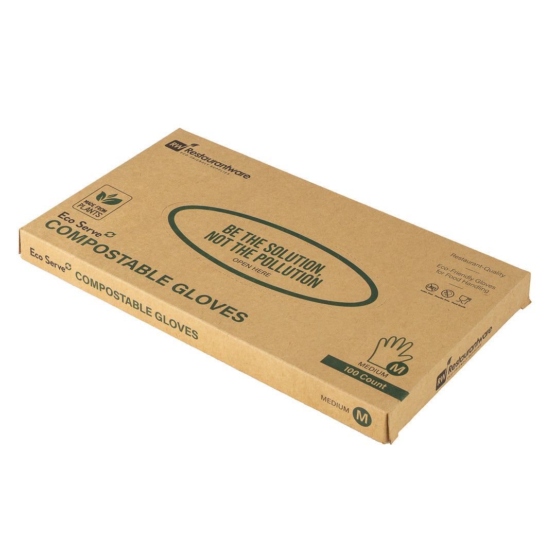 Eco Serve Clear Plastic Medium Compostable Gloves - Powder-Free - 11" x 9" - 100 count box