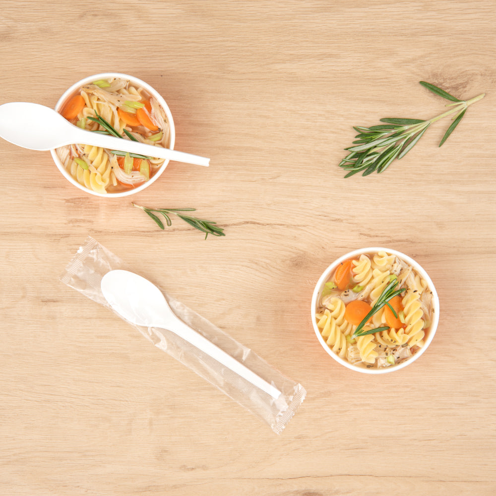 Basic Nature White CPLA Plastic Spoon - Wrapped, Heat-Resistant, Compostable - 6 1/2" - 250 count box