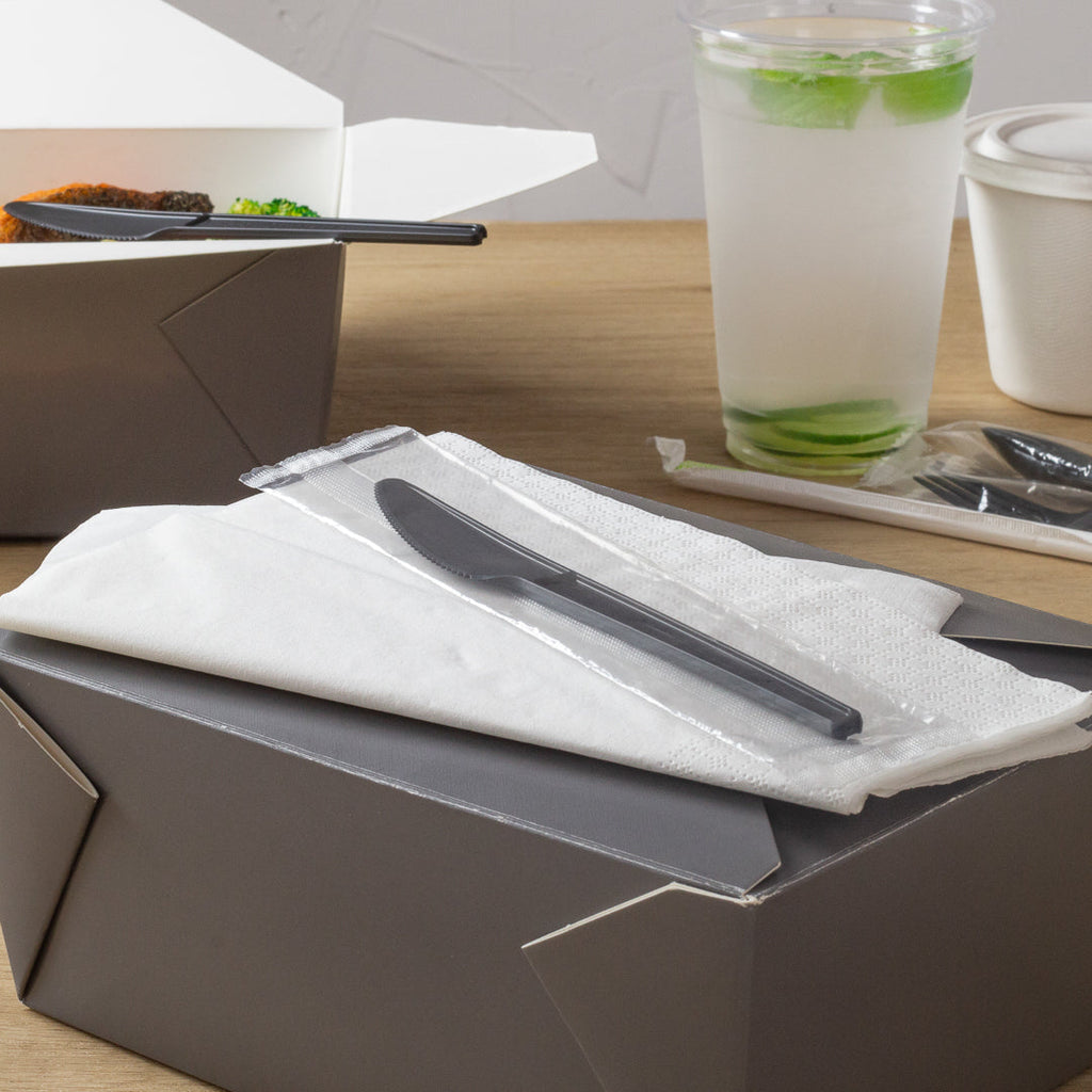 Basic Nature Black CPLA Plastic Knife - Wrapped, Heat-Resistant, Compostable - 6 1/2" - 250 count box
