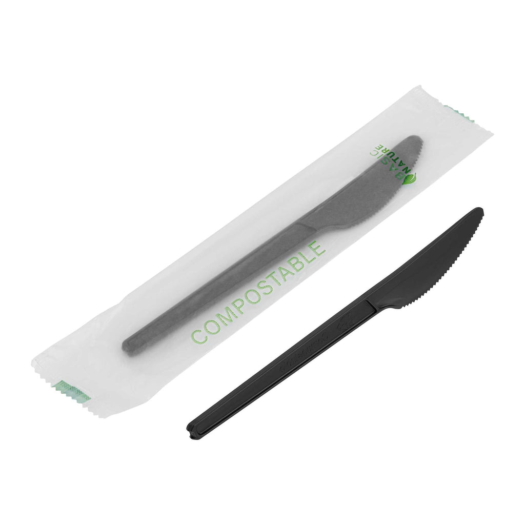 Basic Nature Black CPLA Plastic Knife - Compostable Wrapper, Heat-Resistant - 6 1/2" - 250 count box