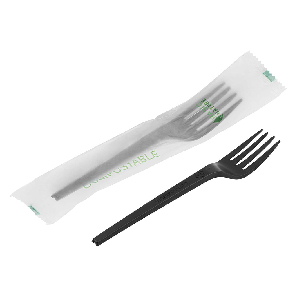 Basic Nature Black CPLA Plastic Fork - Compostable Wrapper, Heat-Resistant - 6 1/2" - 250 count box
