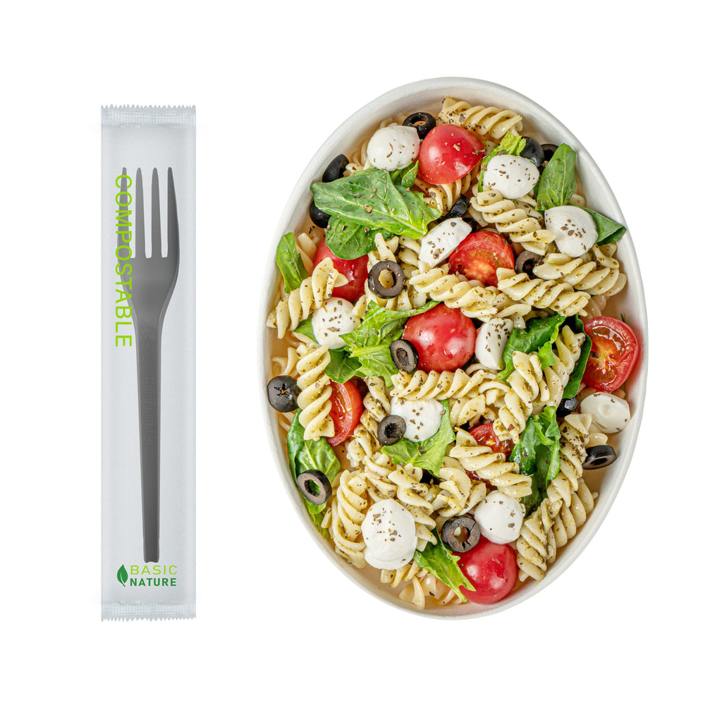 Basic Nature Black CPLA Plastic Fork - Compostable Wrapper, Heat-Resistant - 6 1/2" - 250 count box