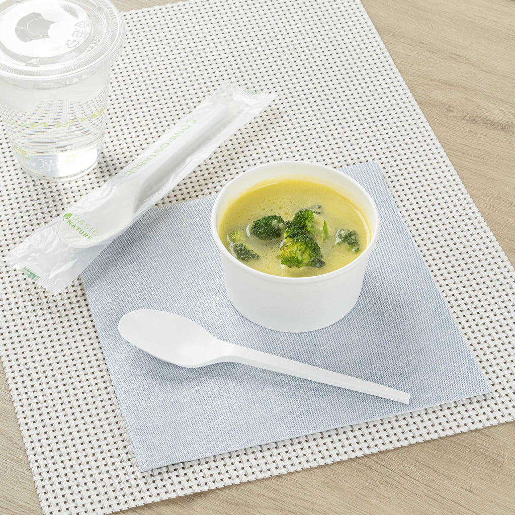 Basic Nature White CPLA Plastic Spoon - Compostable Wrapper, Heat-Resistant - 6 1/2" - 250 count box