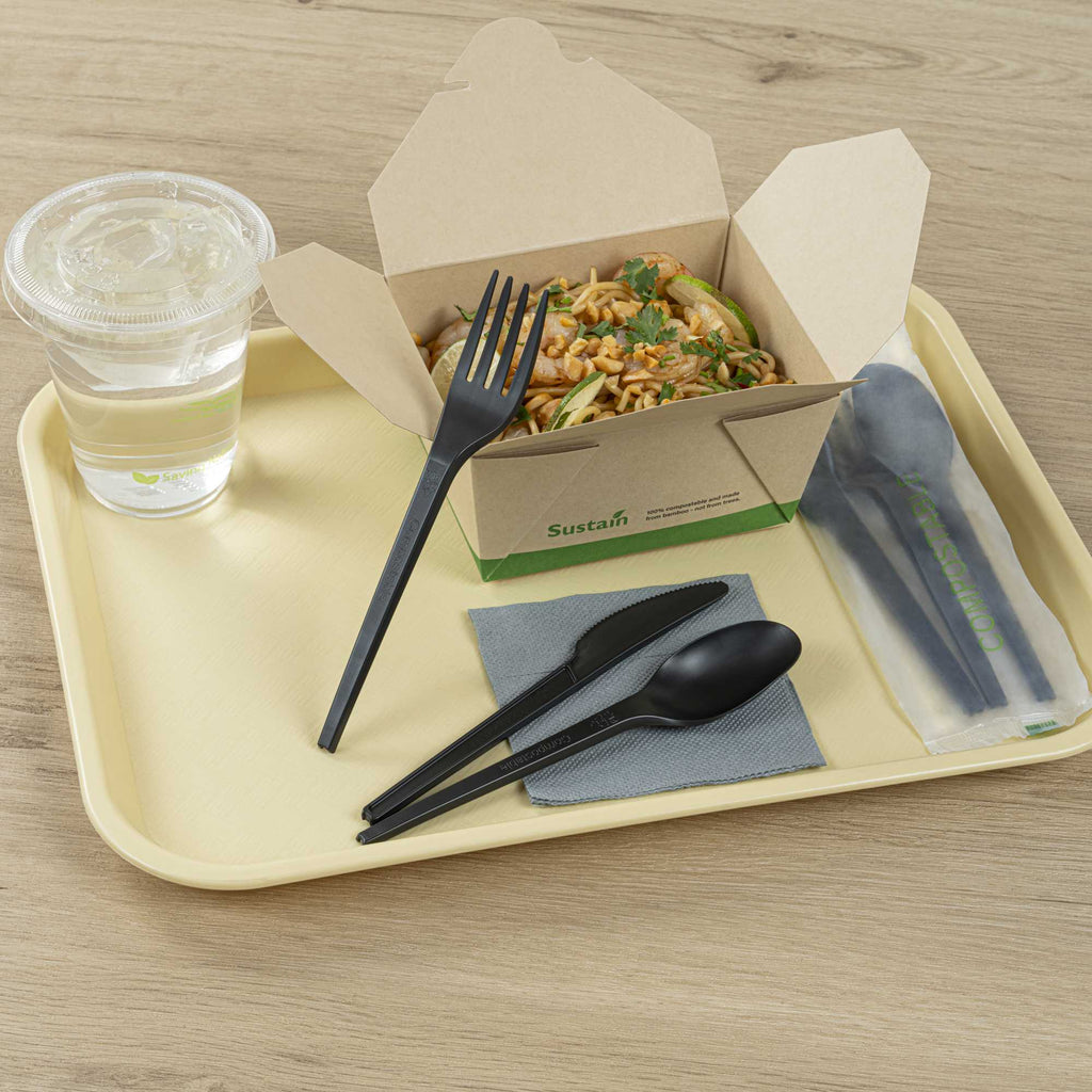 Basic Nature Black CPLA Plastic Cutlery Set - Compostable Wrapper, Heat-Resistant - 6 1/2" - 100 count box