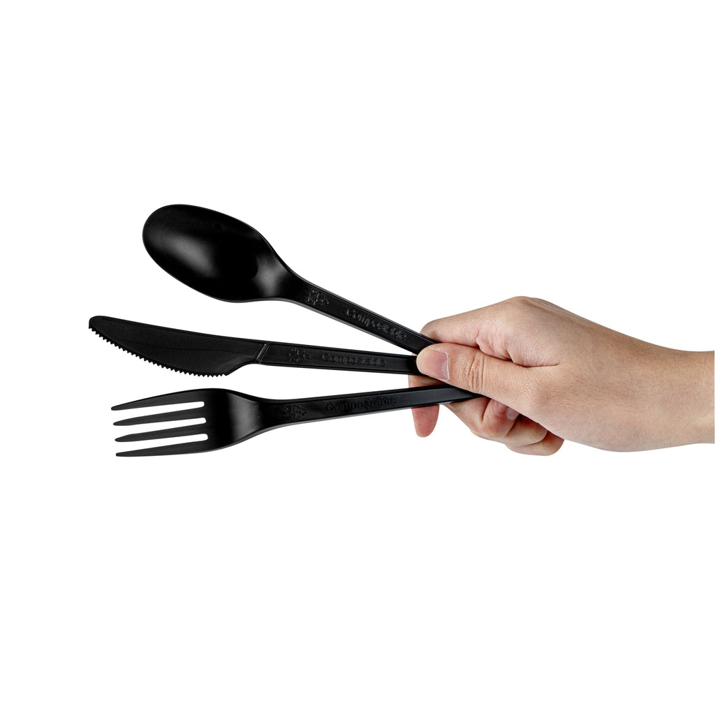 Basic Nature Black CPLA Plastic Cutlery Set - Compostable Wrapper, Heat-Resistant - 6 1/2" - 100 count box