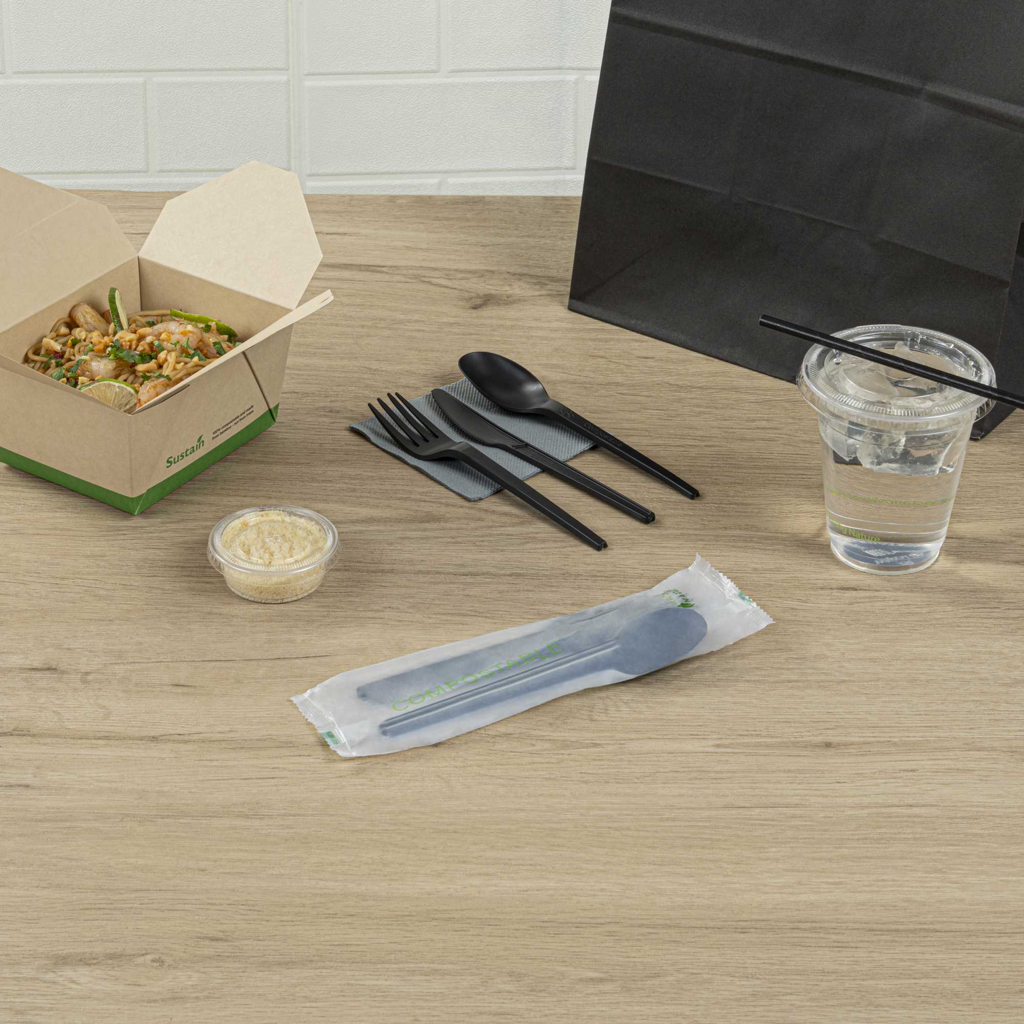 Basic Nature Black CPLA Plastic Cutlery Set - Compostable Wrapper, Heat-Resistant - 6 1/2" - 100 count box
