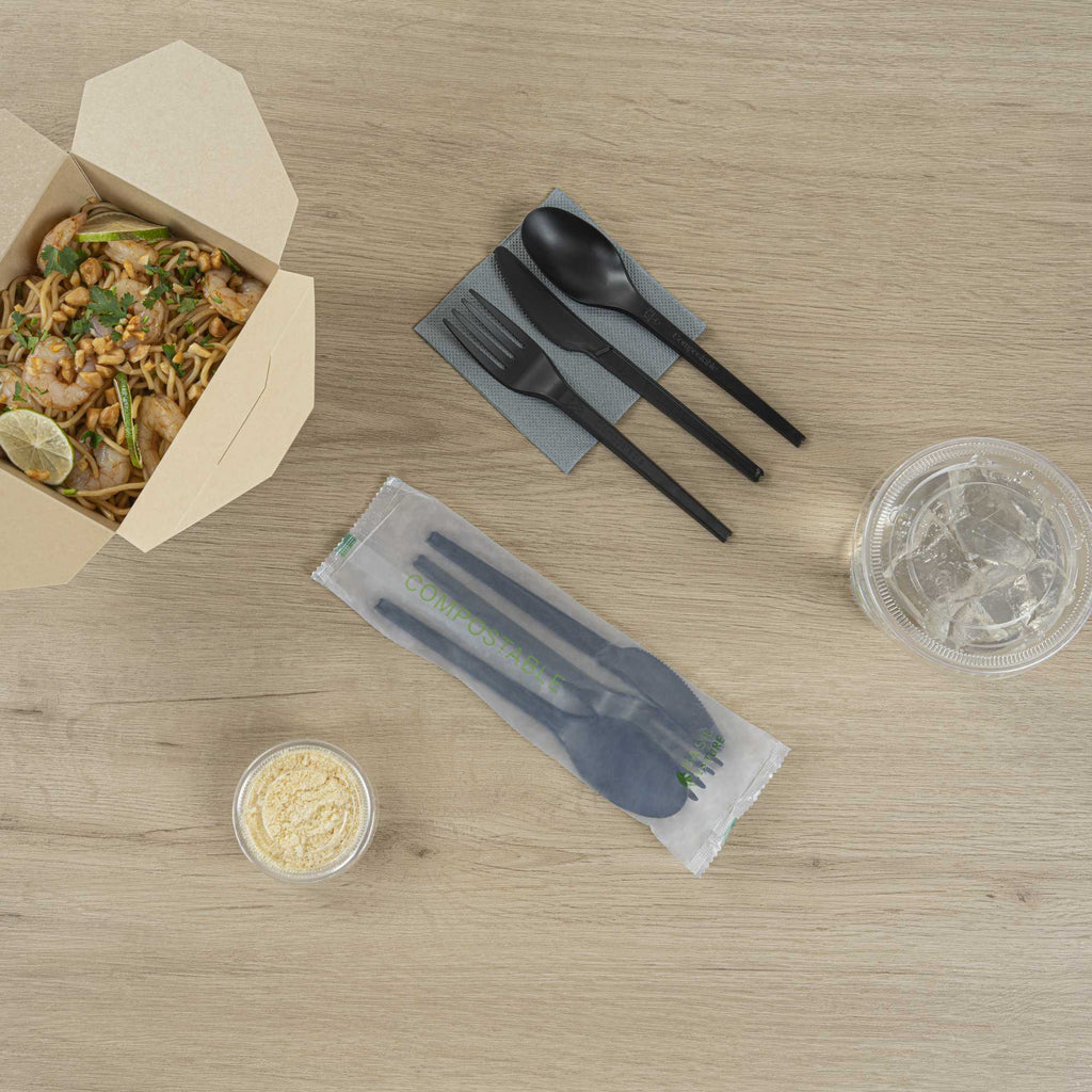 Basic Nature Black CPLA Plastic Cutlery Set - Compostable Wrapper, Heat-Resistant - 6 1/2" - 100 count box