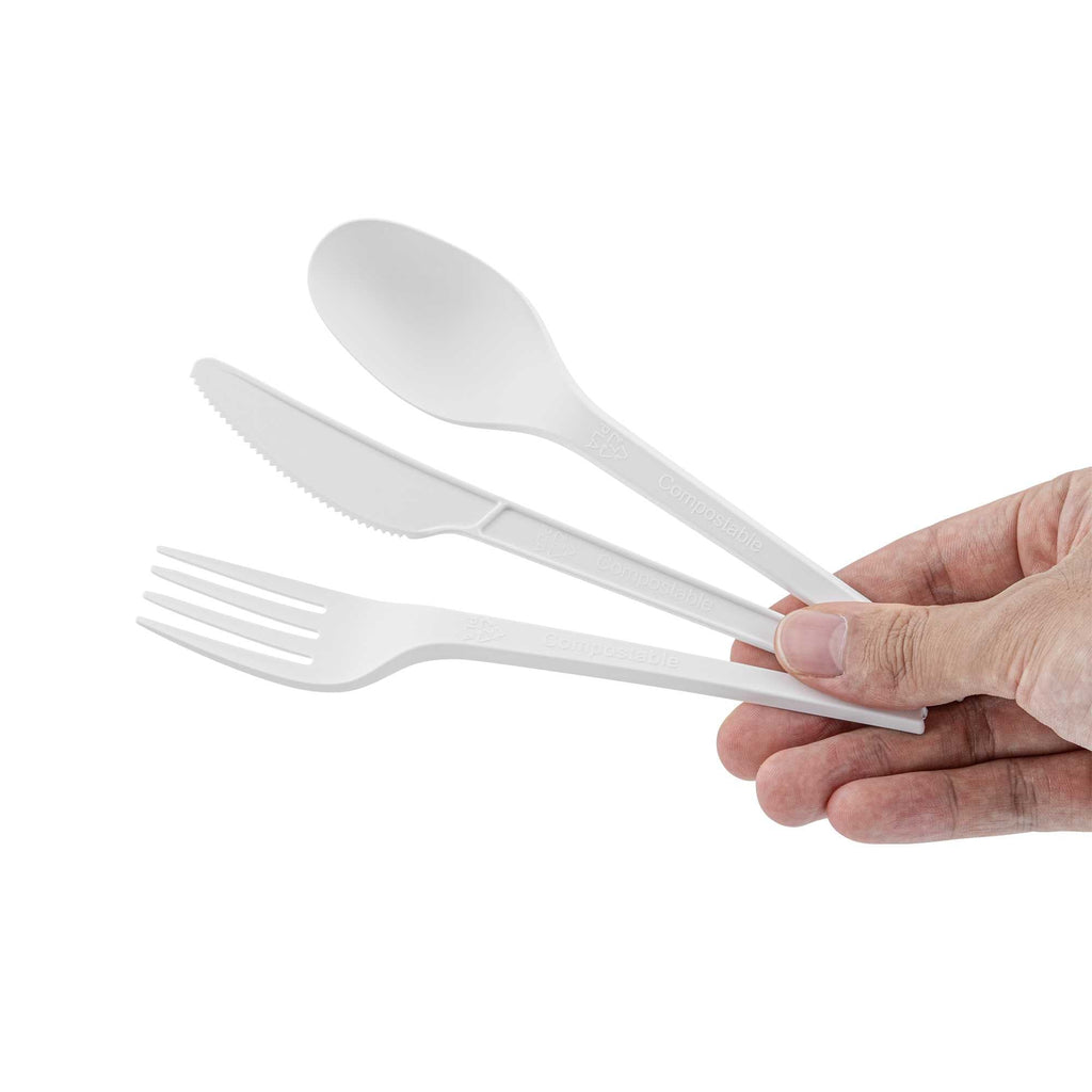 Basic Nature White CPLA Plastic Cutlery Set - Compostable Wrapper, Heat-Resistant - 6 1/2" - 100 count box