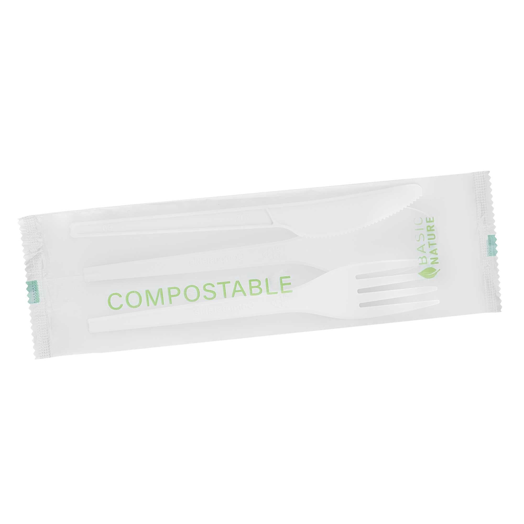 Basic Nature White CPLA Plastic Cutlery Set - Compostable Wrapper, Heat-Resistant - 6 1/2" - 100 count box