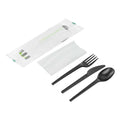 Basic Nature Black CPLA Plastic Cutlery Set - Compostable Wrapper, White Napkin, Heat-Resistant - 6 1/2" - 100 count box