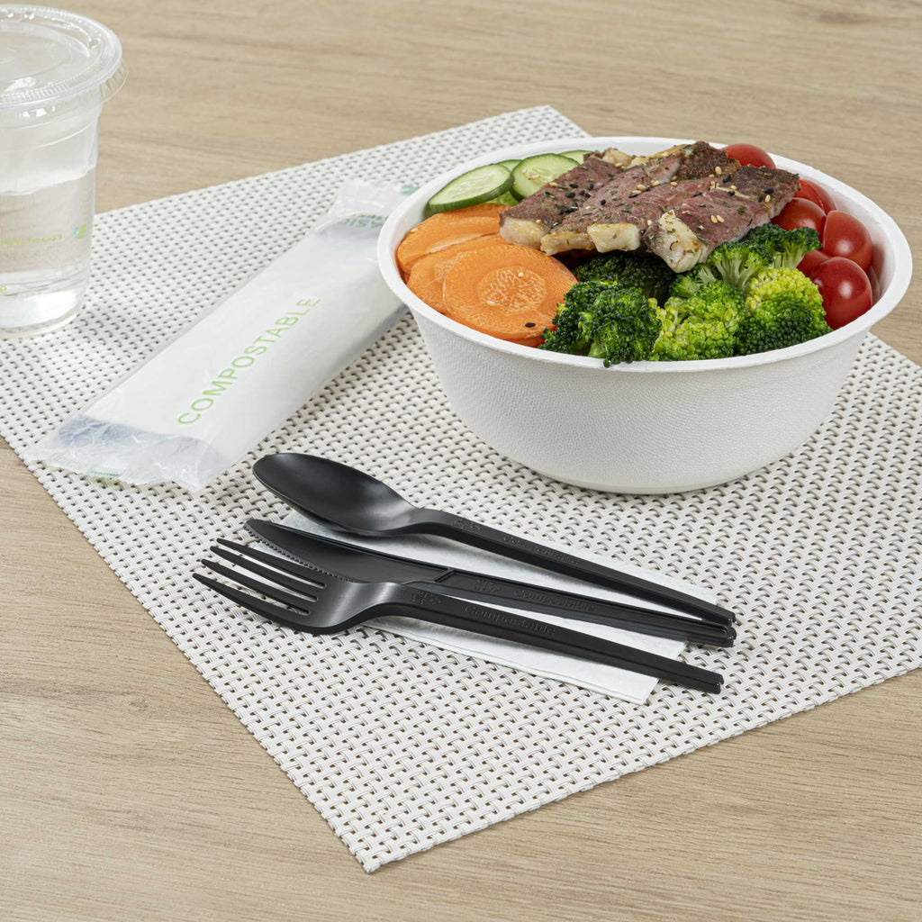 Basic Nature Black CPLA Plastic Cutlery Set - Compostable Wrapper, White Napkin, Heat-Resistant - 6 1/2" - 100 count box