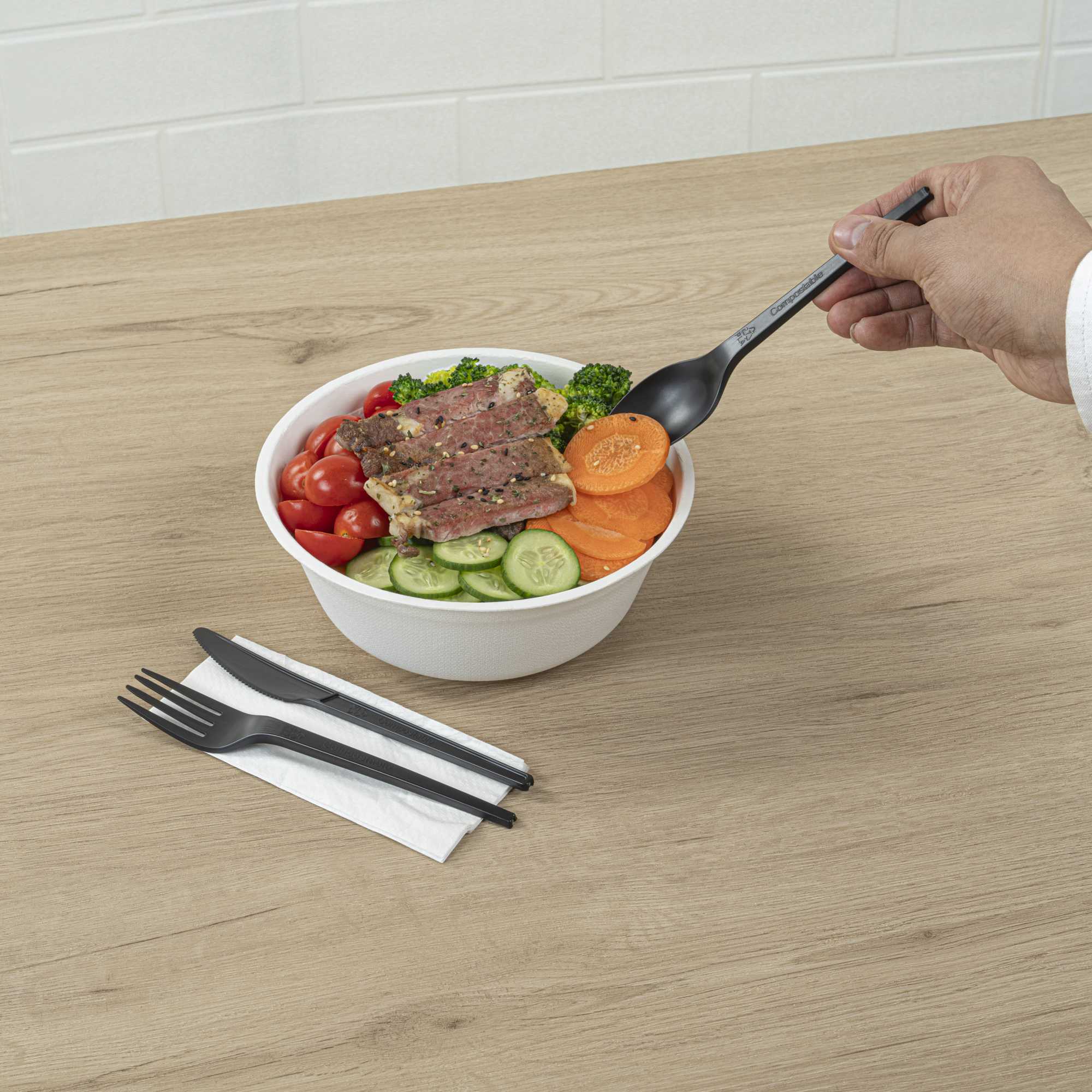 Basic Nature Black CPLA Plastic Cutlery Set - Compostable Wrapper, White Napkin, Heat-Resistant - 6 1/2" - 100 count box