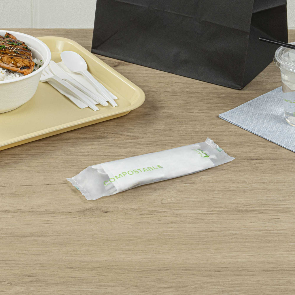 Basic Nature White CPLA Plastic Cutlery Set - Compostable Wrapper, White Napkin, Heat-Resistant - 6 1/2" - 100 count box