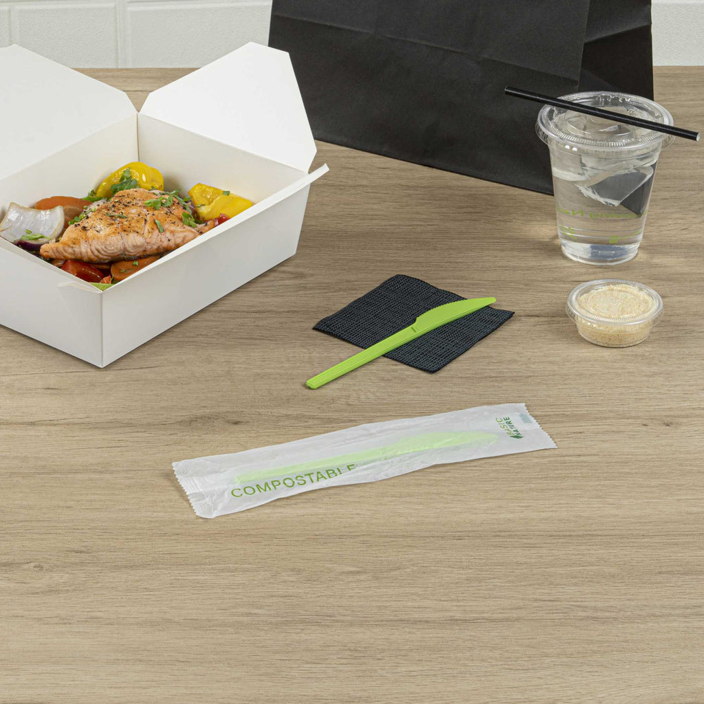 Basic Nature Green CPLA Plastic Knife - Compostable Wrapper, Heat-Resistant - 6 1/2" - 250 count box