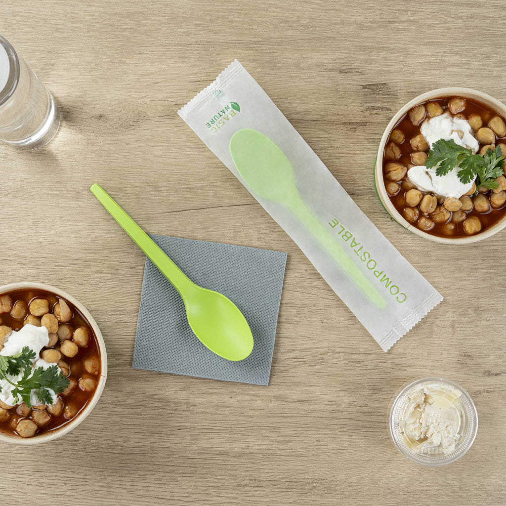 Basic Nature Green CPLA Plastic Spoon - Compostable Wrapper, Heat-Resistant - 6 1/2" - 250 count box