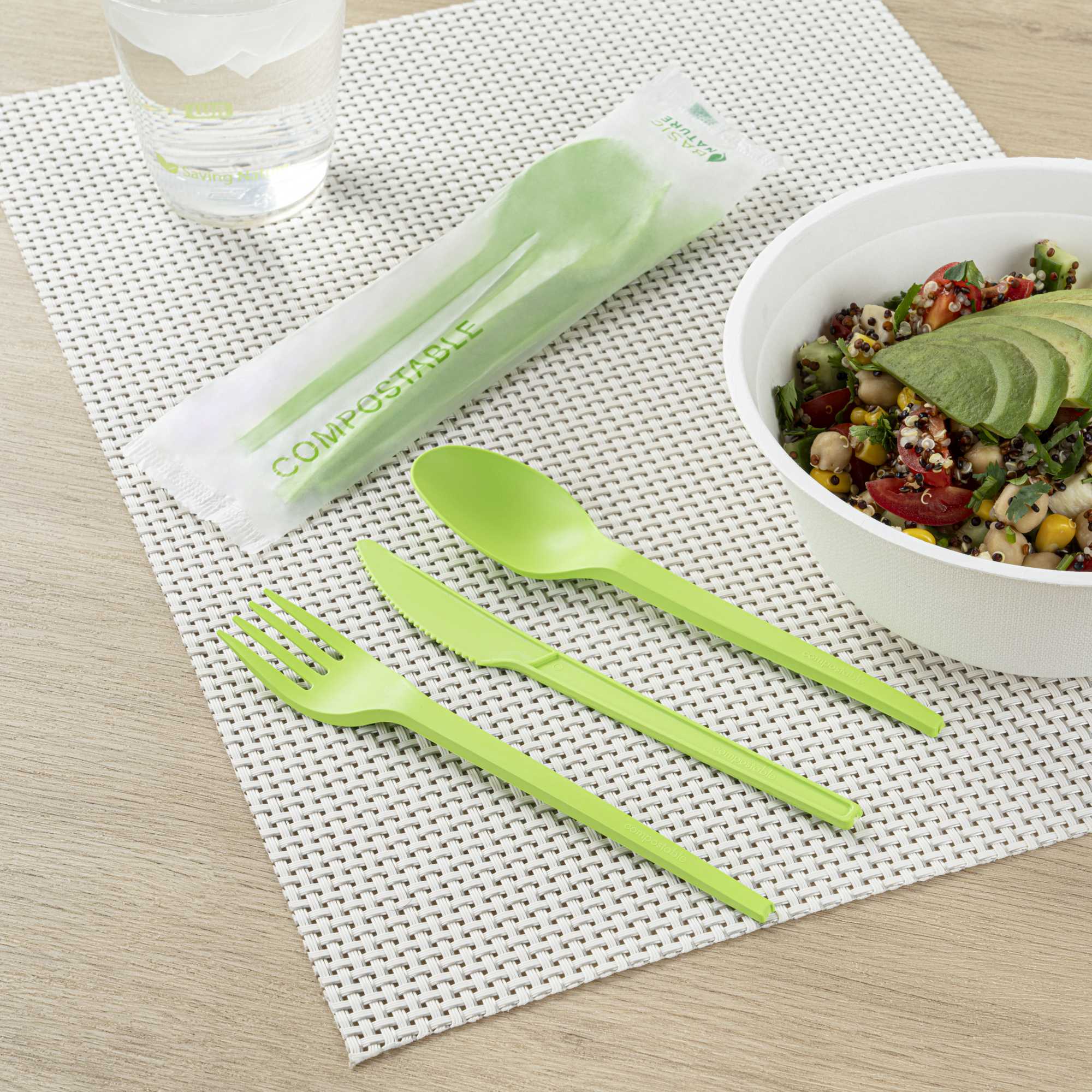 Basic Nature Green CPLA Plastic Cutlery Set - Compostable Wrapper, Heat-Resistant - 6 1/2" - 100 count box