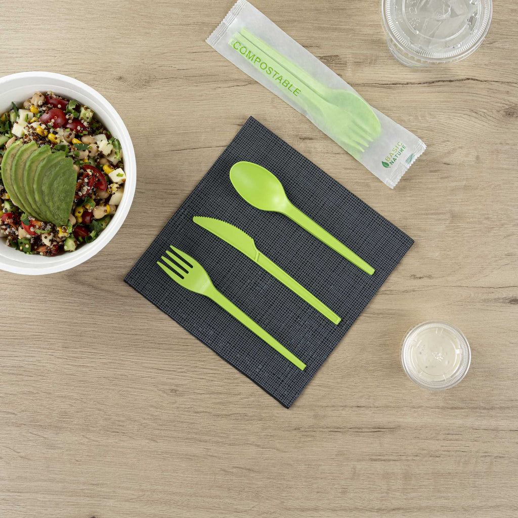 Basic Nature Green CPLA Plastic Cutlery Set - Compostable Wrapper, Heat-Resistant - 6 1/2" - 100 count box