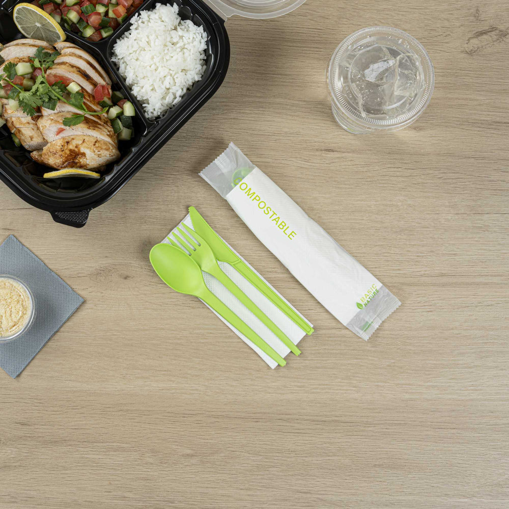 Basic Nature Green CPLA Plastic Cutlery Set - Compostable Wrapper, White Napkin, Heat-Resistant - 6 1/2" - 100 count box