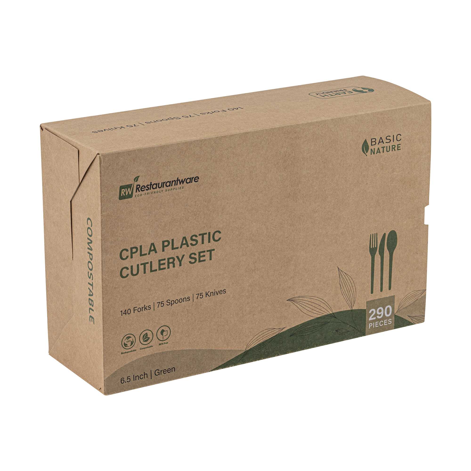 Basic Nature Green CPLA Plastic Cutlery Set - Heat-Resistant, Compostable - 6 1/2" - 290 count box