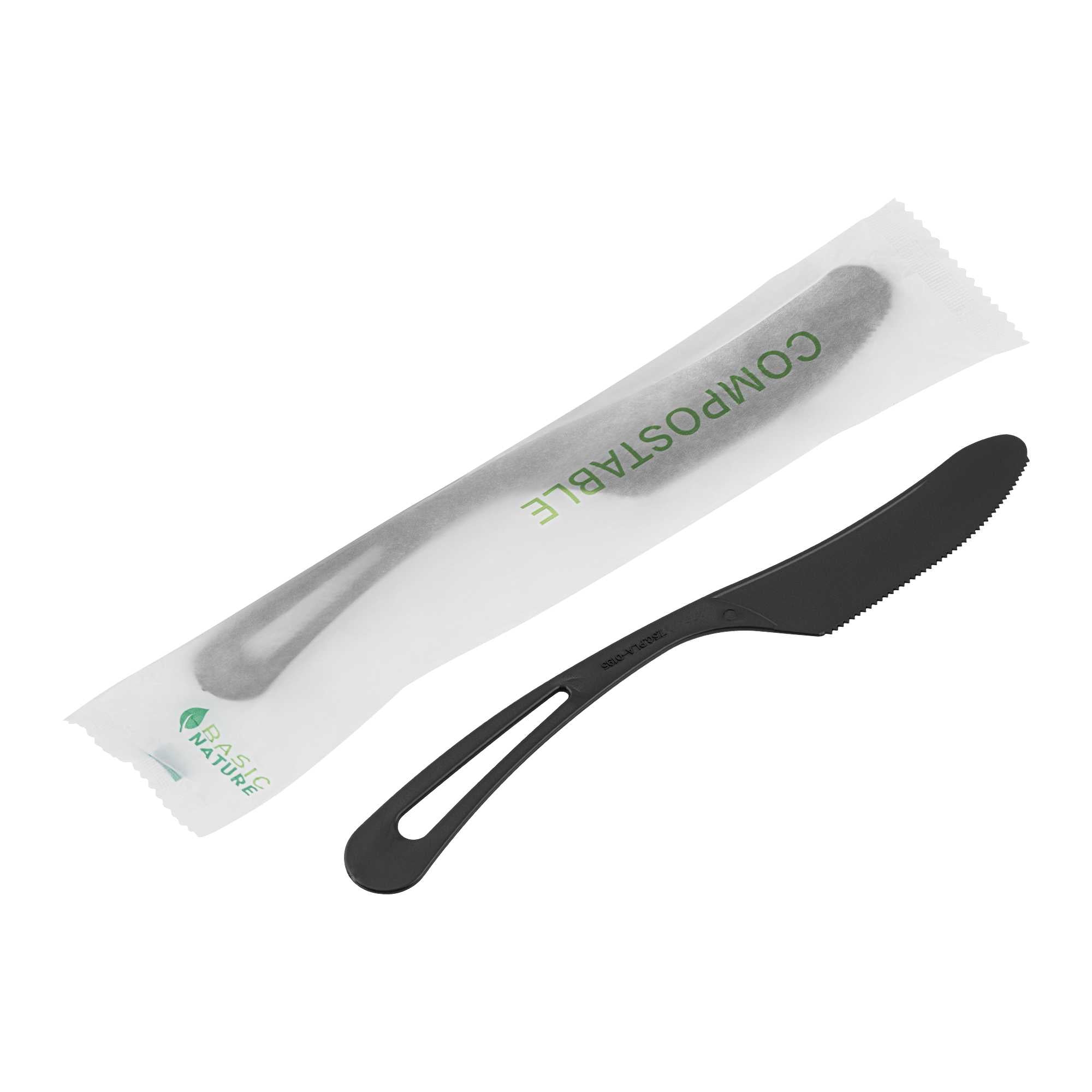 Basic Nature Black CPLA Plastic Knife - Compostable Wrapper, Heat-Resistant - 7 1/2" - 250 count box