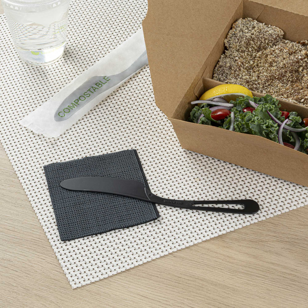 Basic Nature Black CPLA Plastic Knife - Compostable Wrapper, Heat-Resistant - 7 1/2" - 250 count box