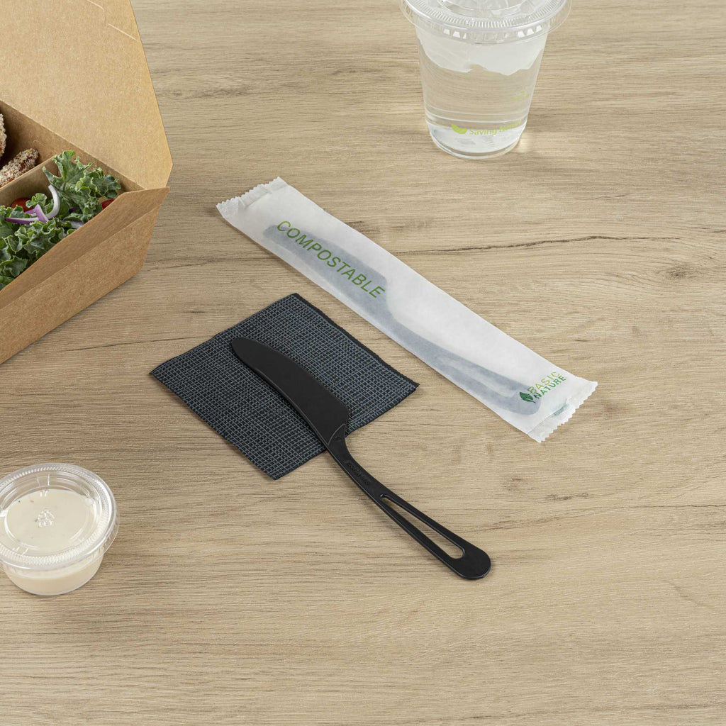 Basic Nature Black CPLA Plastic Knife - Compostable Wrapper, Heat-Resistant - 7 1/2" - 250 count box