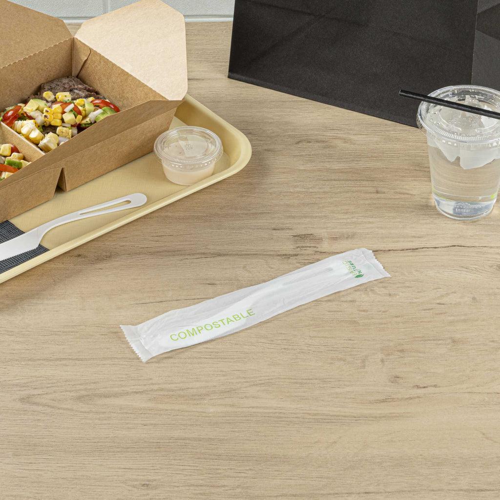 Basic Nature White CPLA Plastic Knife - Compostable Wrapper, Heat-Resistant - 7 1/2" - 250 count box