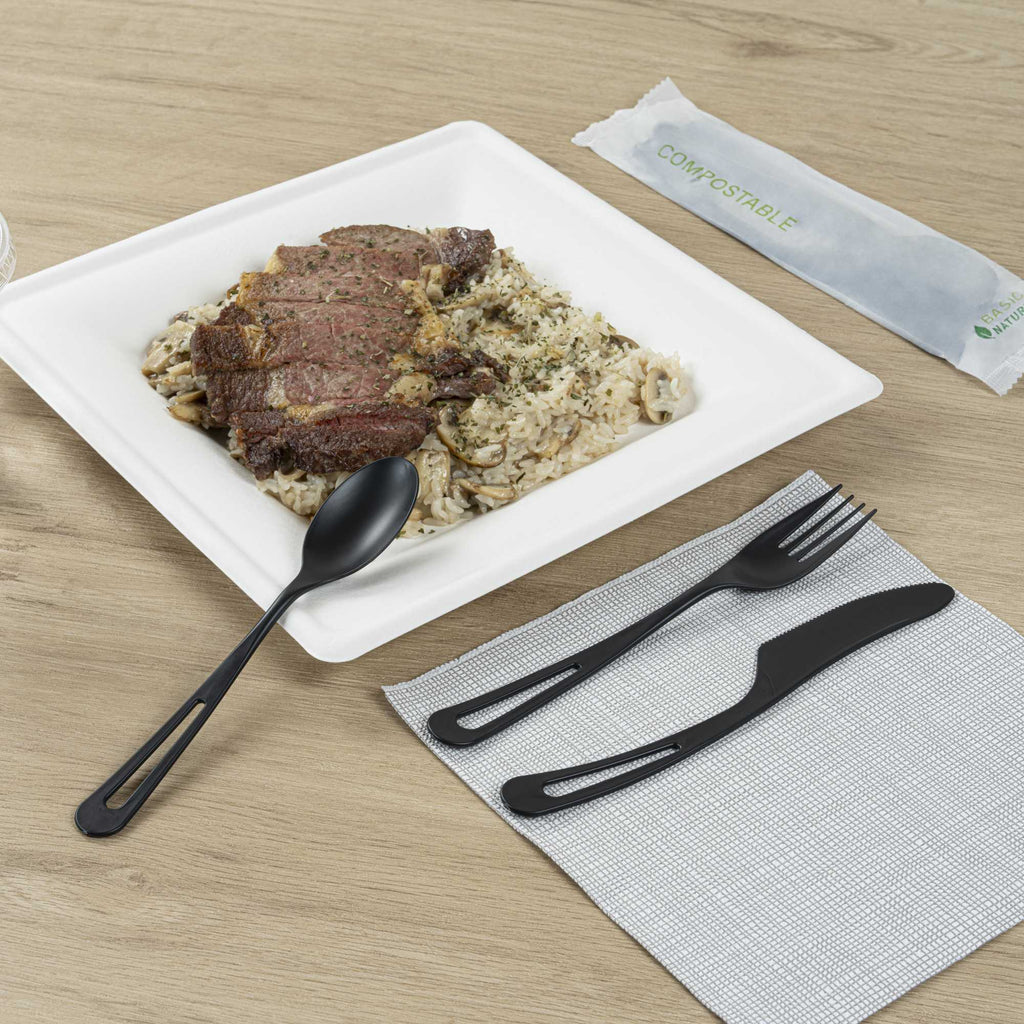 Basic Nature Black CPLA Plastic Cutlery Set - Compostable Wrapper, Heat-Resistant - 7 1/2" - 100 count box