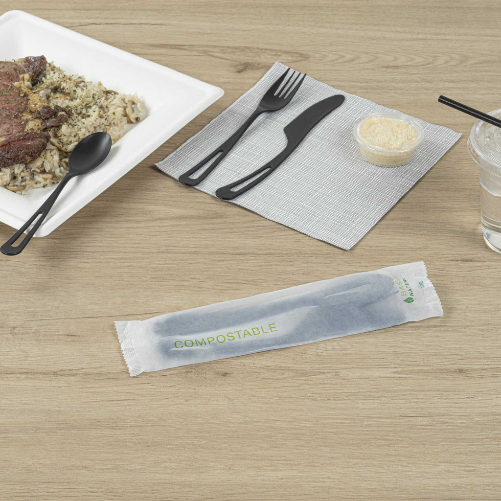 Basic Nature Black CPLA Plastic Cutlery Set - Compostable Wrapper, Heat-Resistant - 7 1/2" - 100 count box