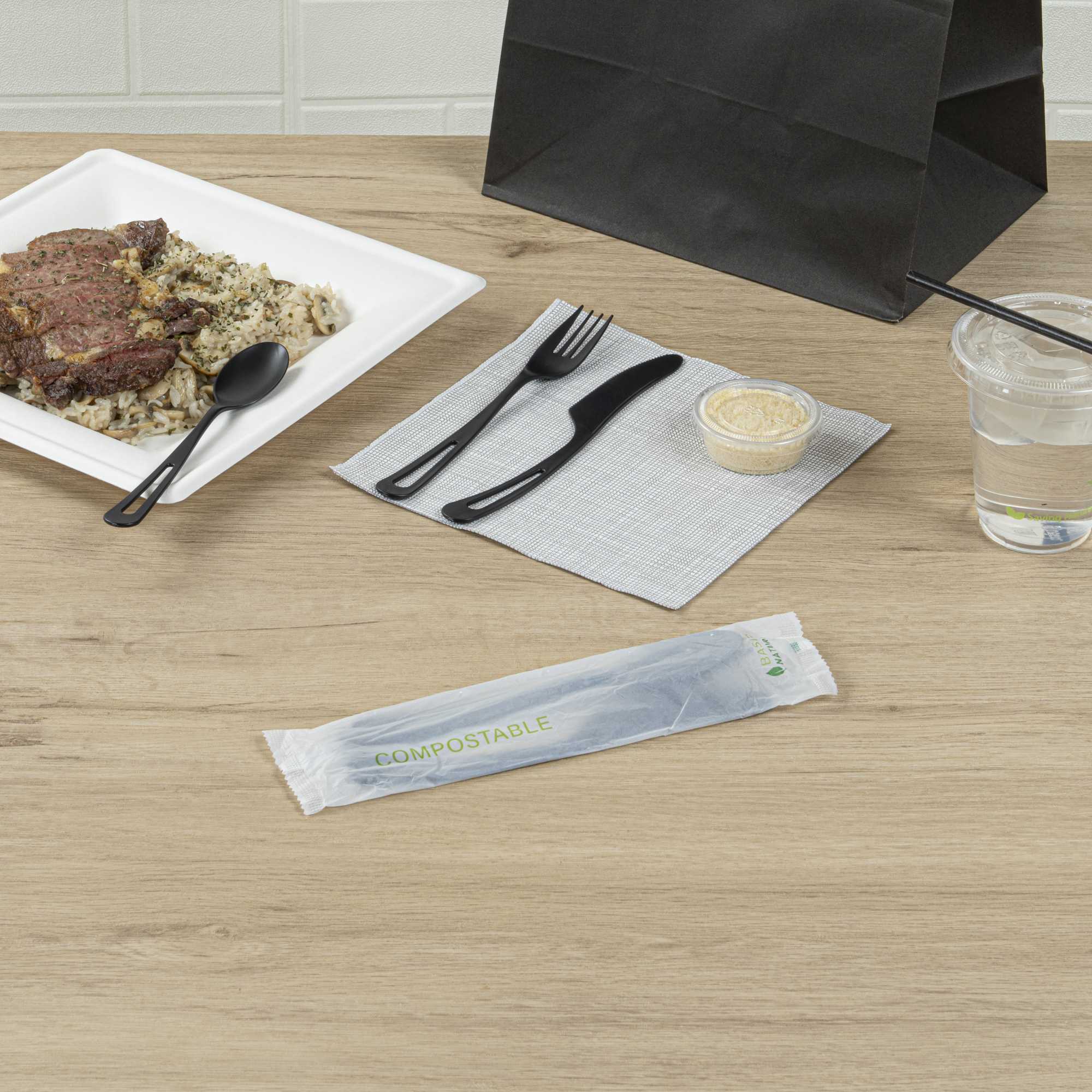 Basic Nature Black CPLA Plastic Cutlery Set - Compostable Wrapper, Heat-Resistant - 7 1/2" - 100 count box