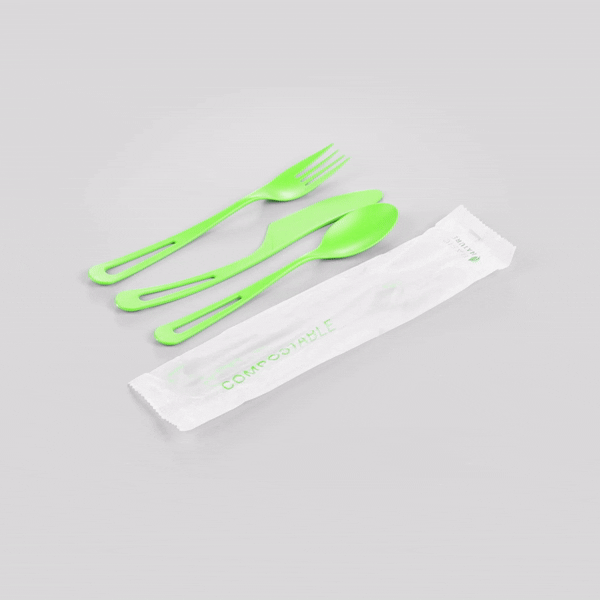 Basic Nature Green CPLA Plastic Cutlery Set - Compostable Wrapper, Heat-Resistant - 7 1/2" - 100 count box