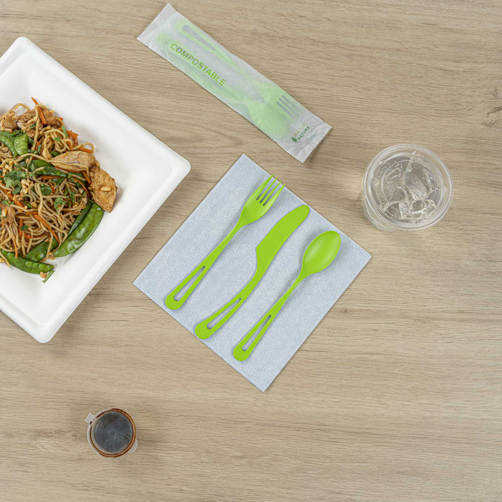 Basic Nature Green CPLA Plastic Cutlery Set - Compostable Wrapper, Heat-Resistant - 7 1/2" - 100 count box