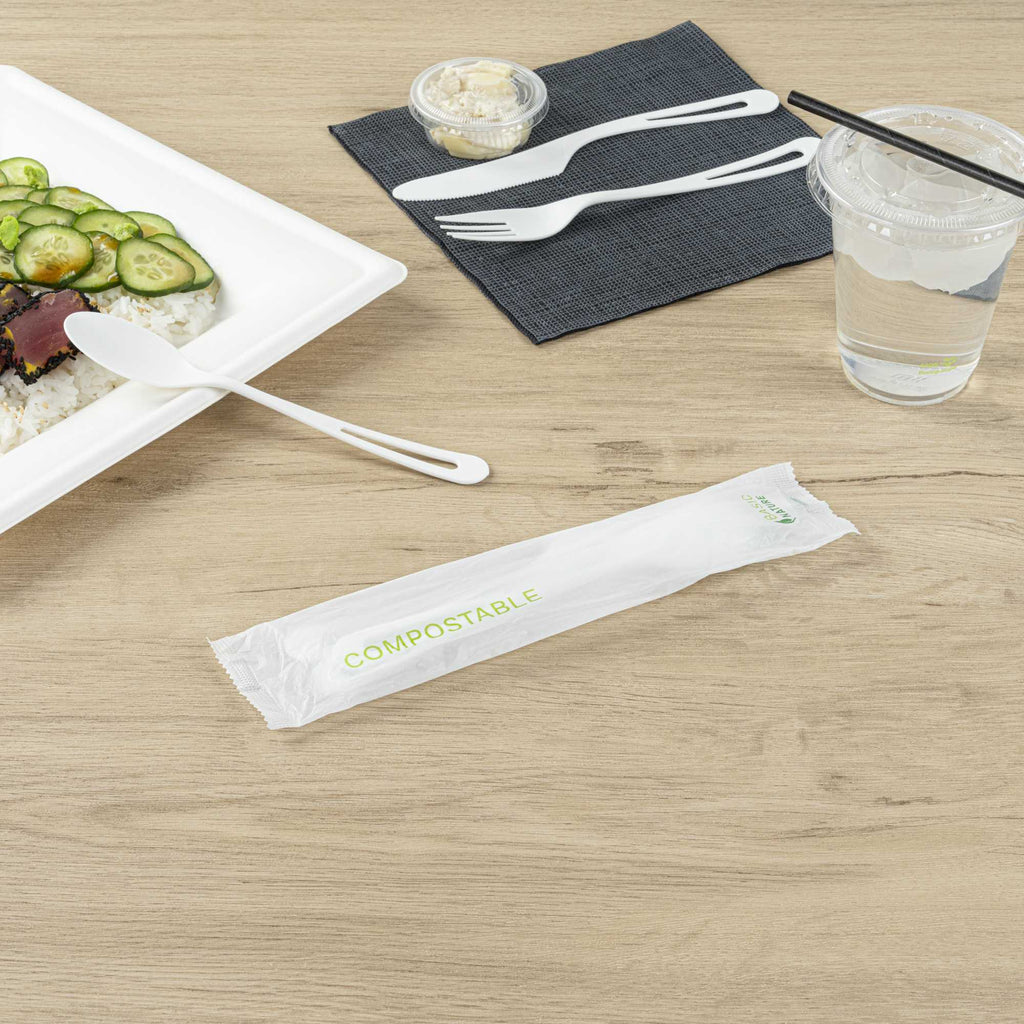 Basic Nature White CPLA Plastic Cutlery Set - Compostable Wrapper, Heat-Resistant - 7 1/2" - 100 count box