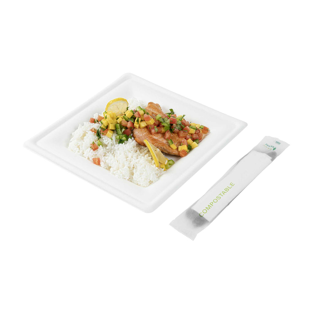 Basic Nature Black CPLA Plastic Cutlery Set - Compostable Wrapper, White Napkin, Heat-Resistant - 7 1/2" - 100 count box