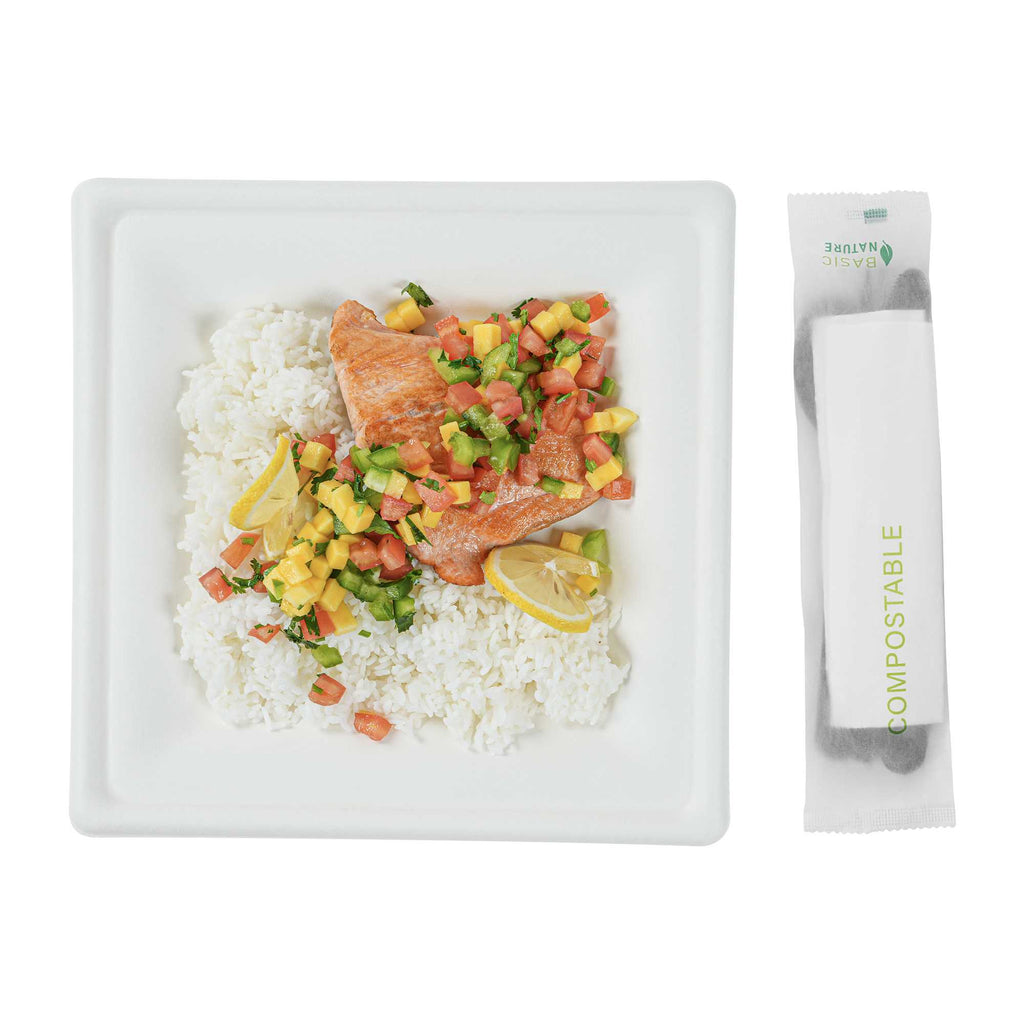 Basic Nature Black CPLA Plastic Cutlery Set - Compostable Wrapper, White Napkin, Heat-Resistant - 7 1/2" - 100 count box