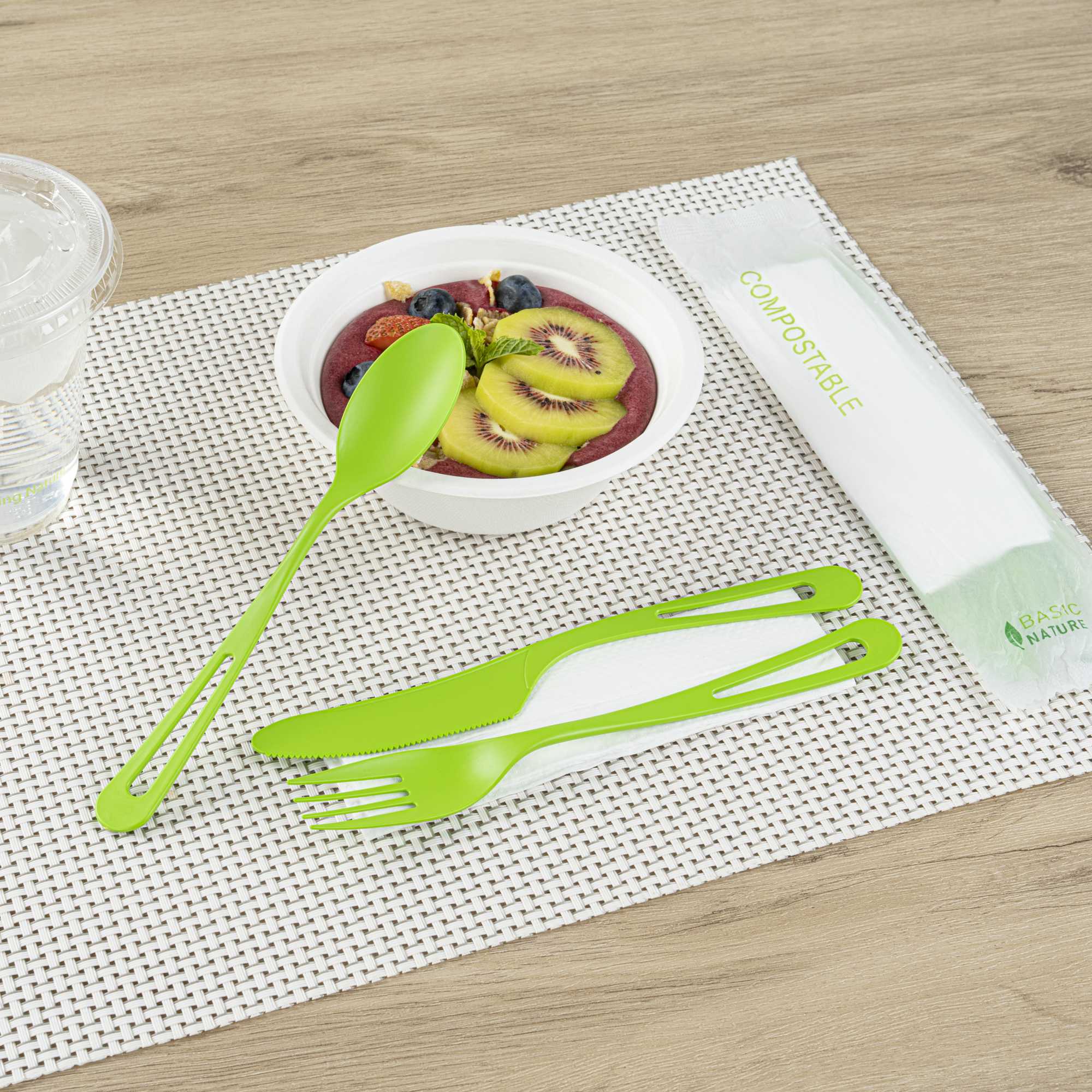 Basic Nature Green CPLA Plastic Cutlery Set - Compostable Wrapper, White Napkin, Heat-Resistant - 7 1/2" - 100 count box