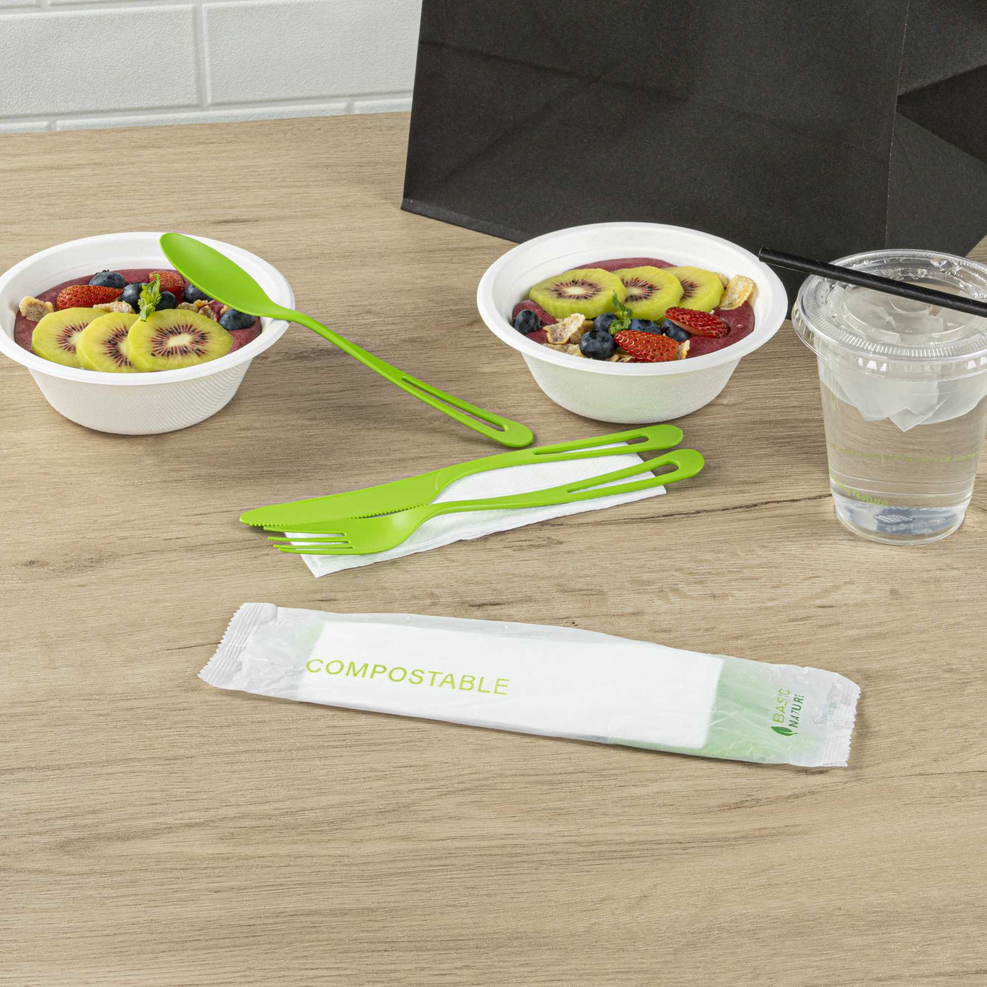 Basic Nature Green CPLA Plastic Cutlery Set - Compostable Wrapper, White Napkin, Heat-Resistant - 7 1/2" - 100 count box