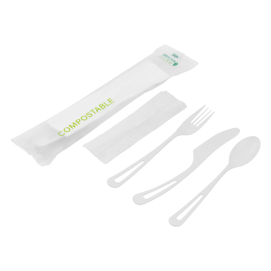 Basic Nature White CPLA Plastic Cutlery Set - Compostable Wrapper, White Napkin, Heat-Resistant - 7 1/2" - 100 count box