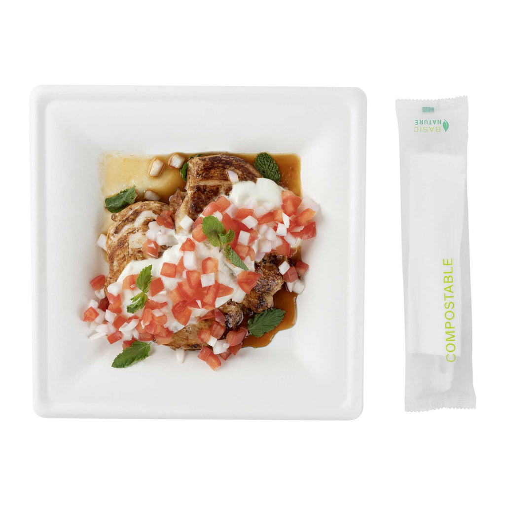 Basic Nature White CPLA Plastic Cutlery Set - Compostable Wrapper, White Napkin, Heat-Resistant - 7 1/2" - 100 count box