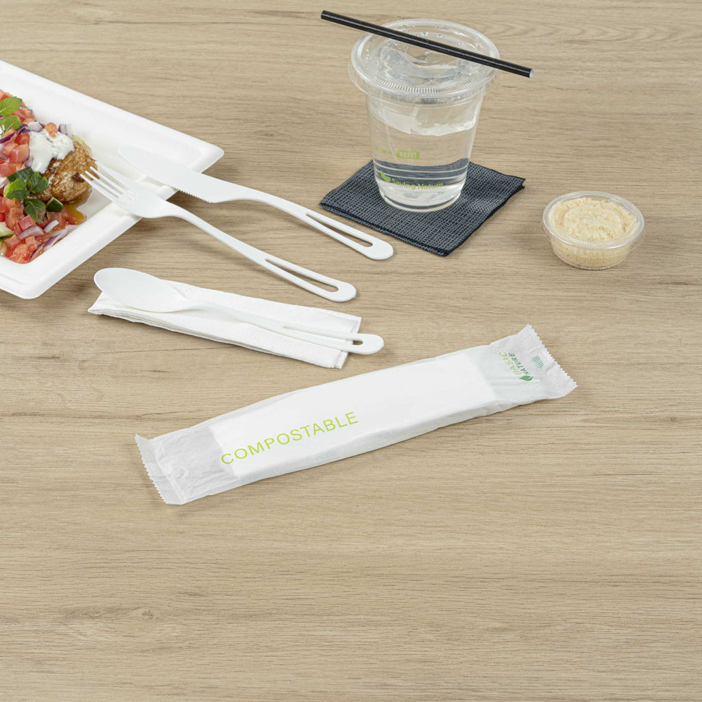 Basic Nature White CPLA Plastic Cutlery Set - Compostable Wrapper, White Napkin, Heat-Resistant - 7 1/2" - 100 count box