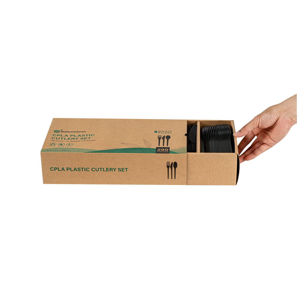 Basic Nature Black CPLA Plastic Cutlery Set - Heat-Resistant, Compostable - 6 1/2" - 290 count box