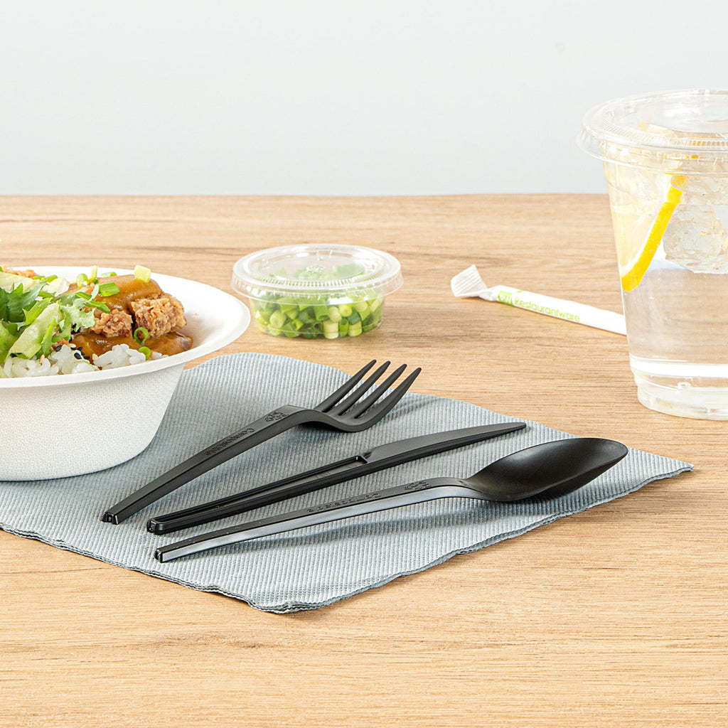 Basic Nature Black CPLA Plastic Cutlery Set - Heat-Resistant, Compostable - 6 1/2" - 290 count box
