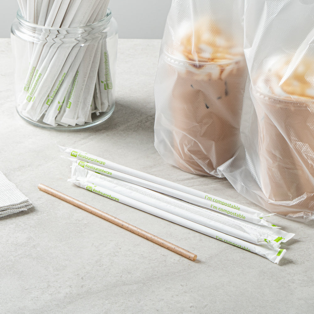 Basic Nature Brown PLA Plastic / Coffee Ground Straw - Wrapped, Compostable - 8 1/4" - 2000 count box