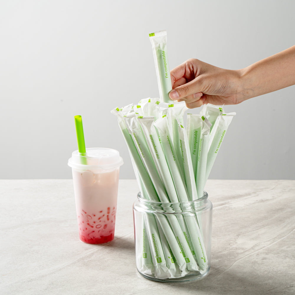 Basic Nature Green PLA / PBAT Plastic Boba Straw - Wrapped, Compostable - 9" - 2000 count box