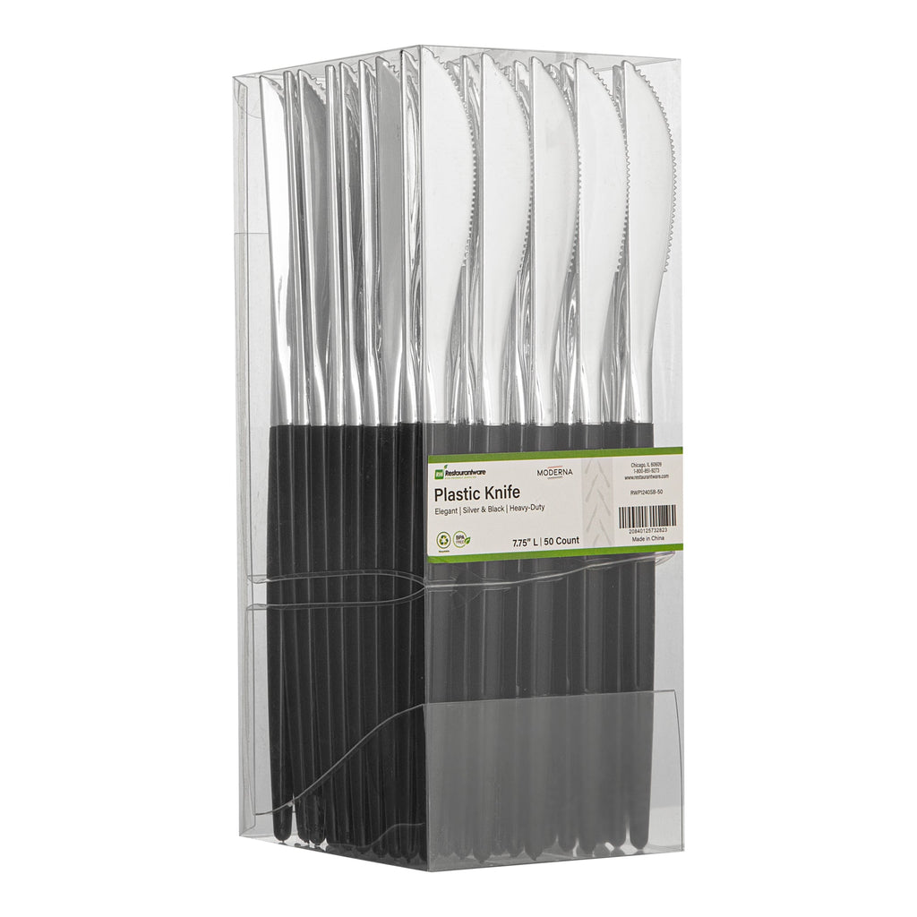Moderna Silver Plastic Knife - with Black Handle - 7 3/4" - 500 count box