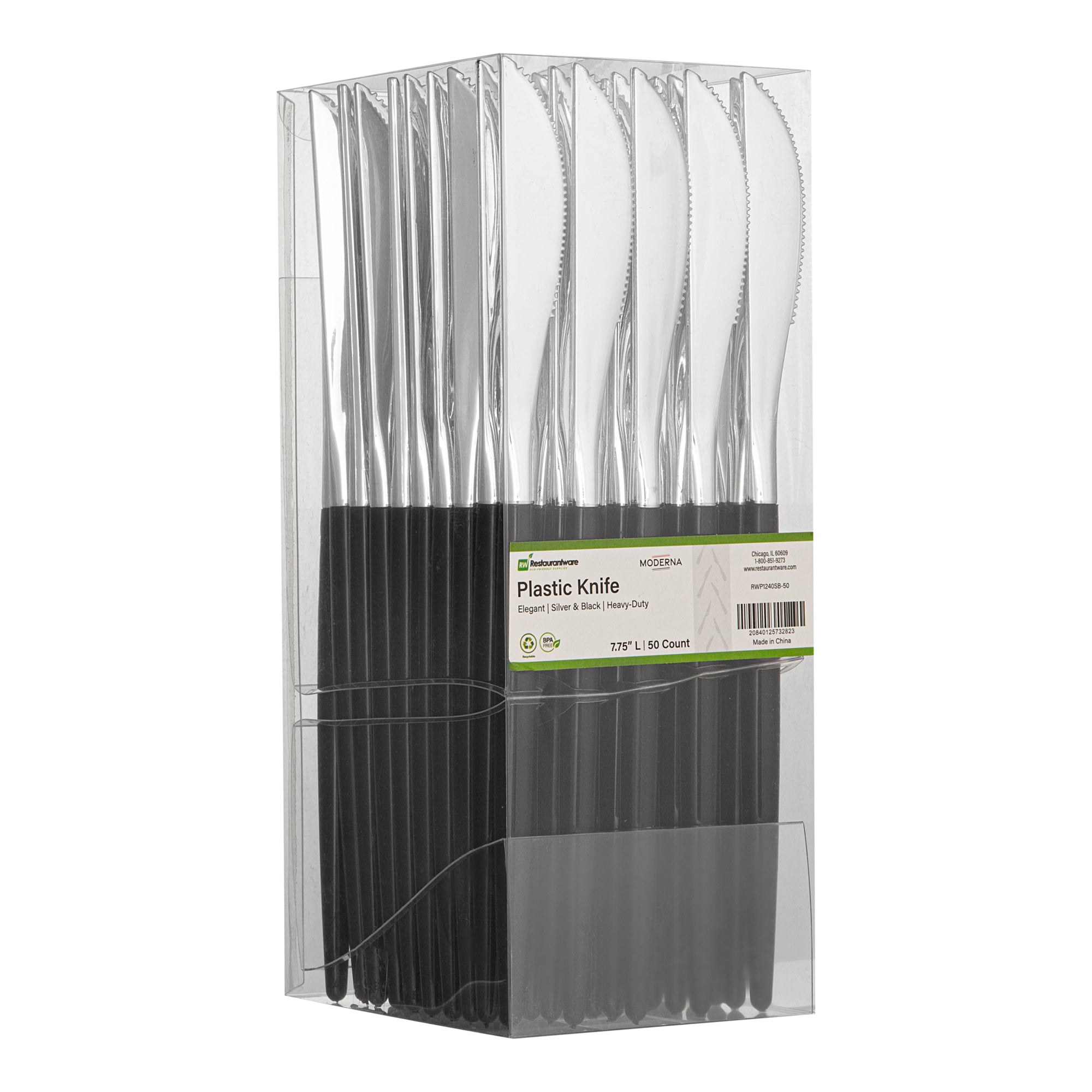Moderna Silver Plastic Knife - with Black Handle - 7 3/4" - 500 count box