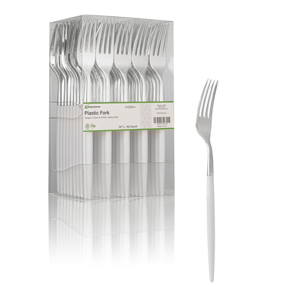 Moderna Silver Plastic Fork - with White Handle - 7 1/2" - 50 count box
