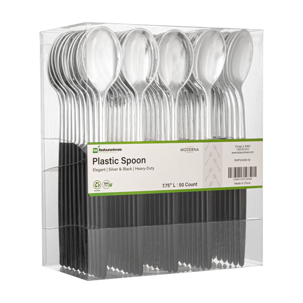 Moderna Silver Plastic Spoon - with Black Handle - 7 3/4" - 500 count box