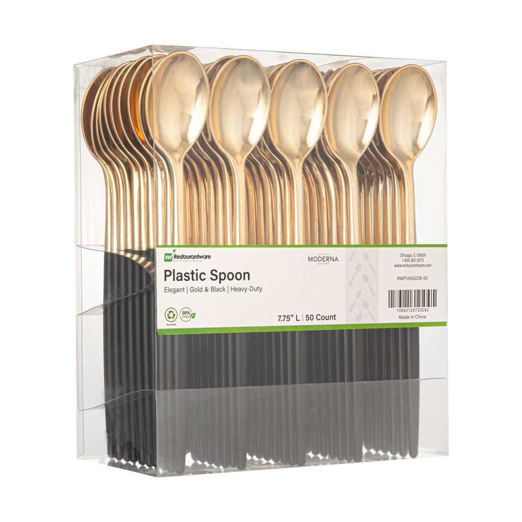 Moderna Gold Plastic Spoon - with Black Handle - 7 3/4" - 50 count box